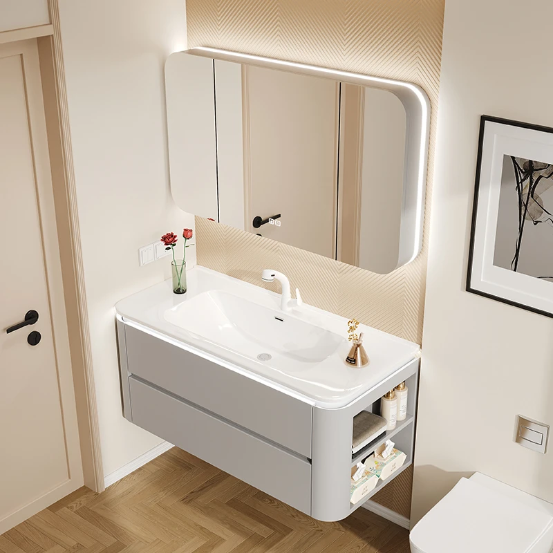 轻奢风浴室柜陶瓷一体盆带侧柜卫生间洗漱台橡木烤漆洗脸盆柜组合