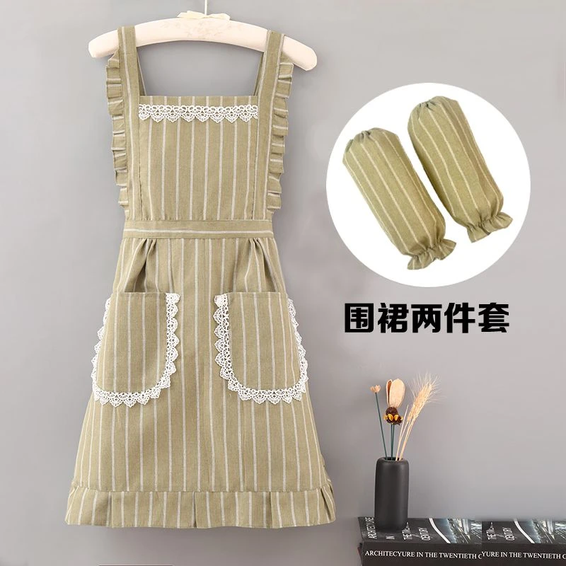 洋气新款棉布双层围裙年轻漂亮套袖二件套上班厨房防污工作服围腰