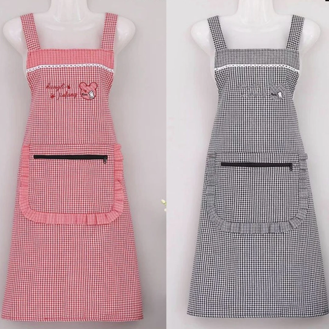 纯棉透气拉链兜厨房围裙女做饭防污背带围腰上班工作服奶茶店定制