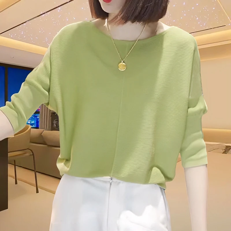 2025春秋气质针织衫上衣女大码洋气纯色宽松圆领七分袖高级感打底