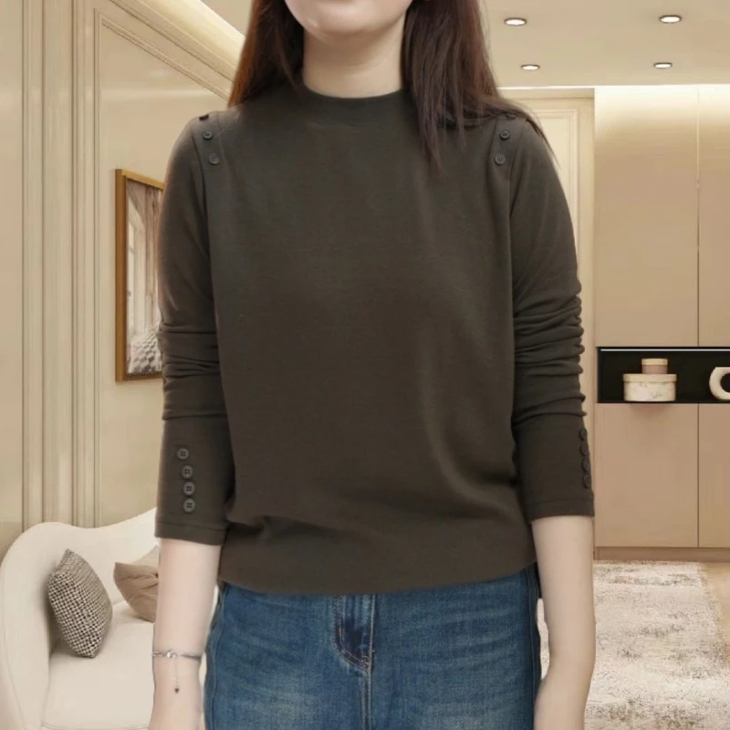 早秋新款纯色打底衫套头叠肩圆领长袖纽扣百搭休闲显瘦洋气上衣女