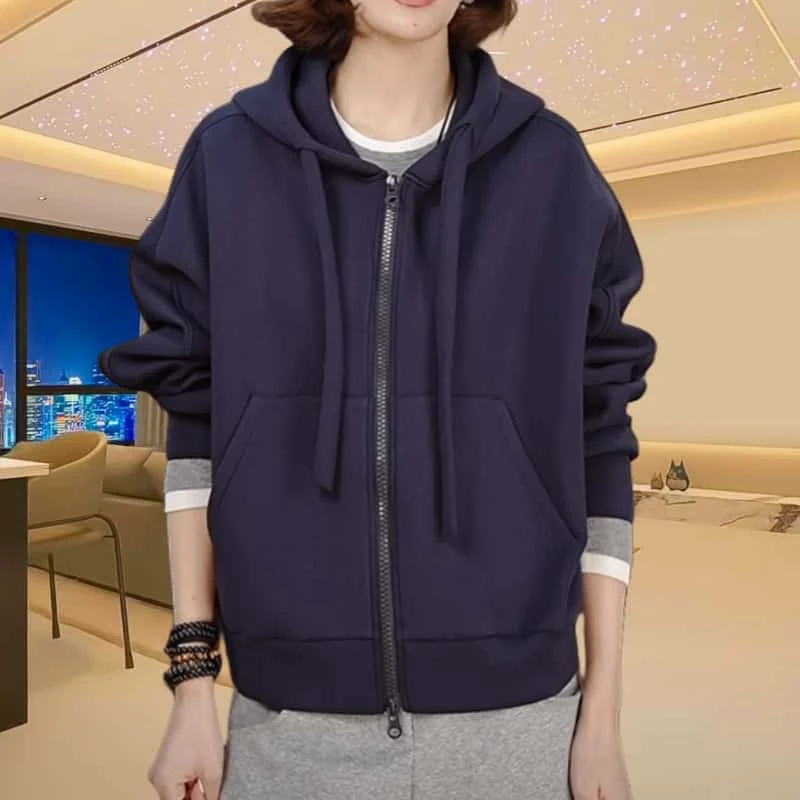 宽松显瘦双拉链连帽卫衣女士2025早秋新款休闲百搭纯色保暖外套