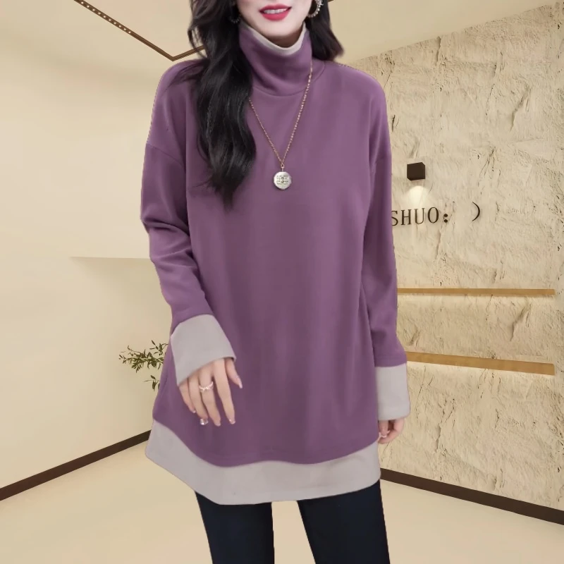 2025早秋新款假两件慵懒风设计半高领打底上衣百搭宽松时尚T恤衫