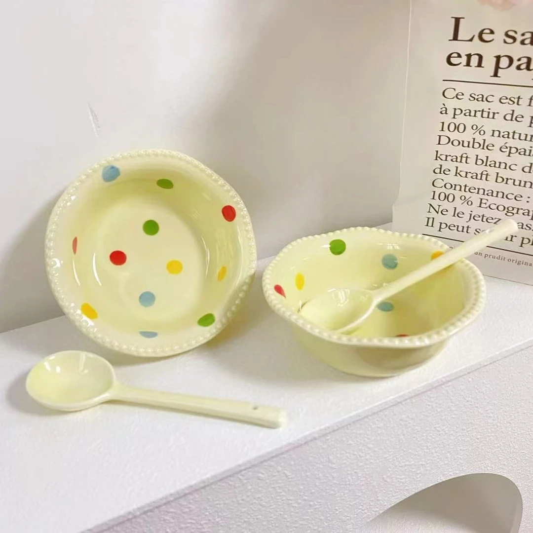 【1碗1勺】缤纷彩色波点花边碗家用陶瓷碗可爱高颜值饭碗甜品碗勺