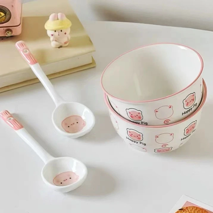 【可爱猪—N碗N勺】新款4.5英寸饭碗陶瓷情侣家用女学生超萌勺子可爱