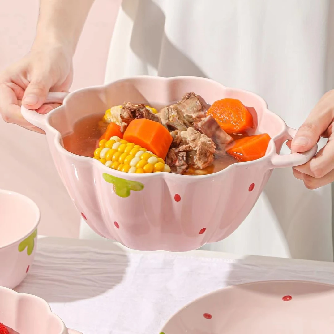 【大汤碗】奶油粉草莓家用可爱双耳大南瓜汤碗泡面碗家用陶瓷餐具