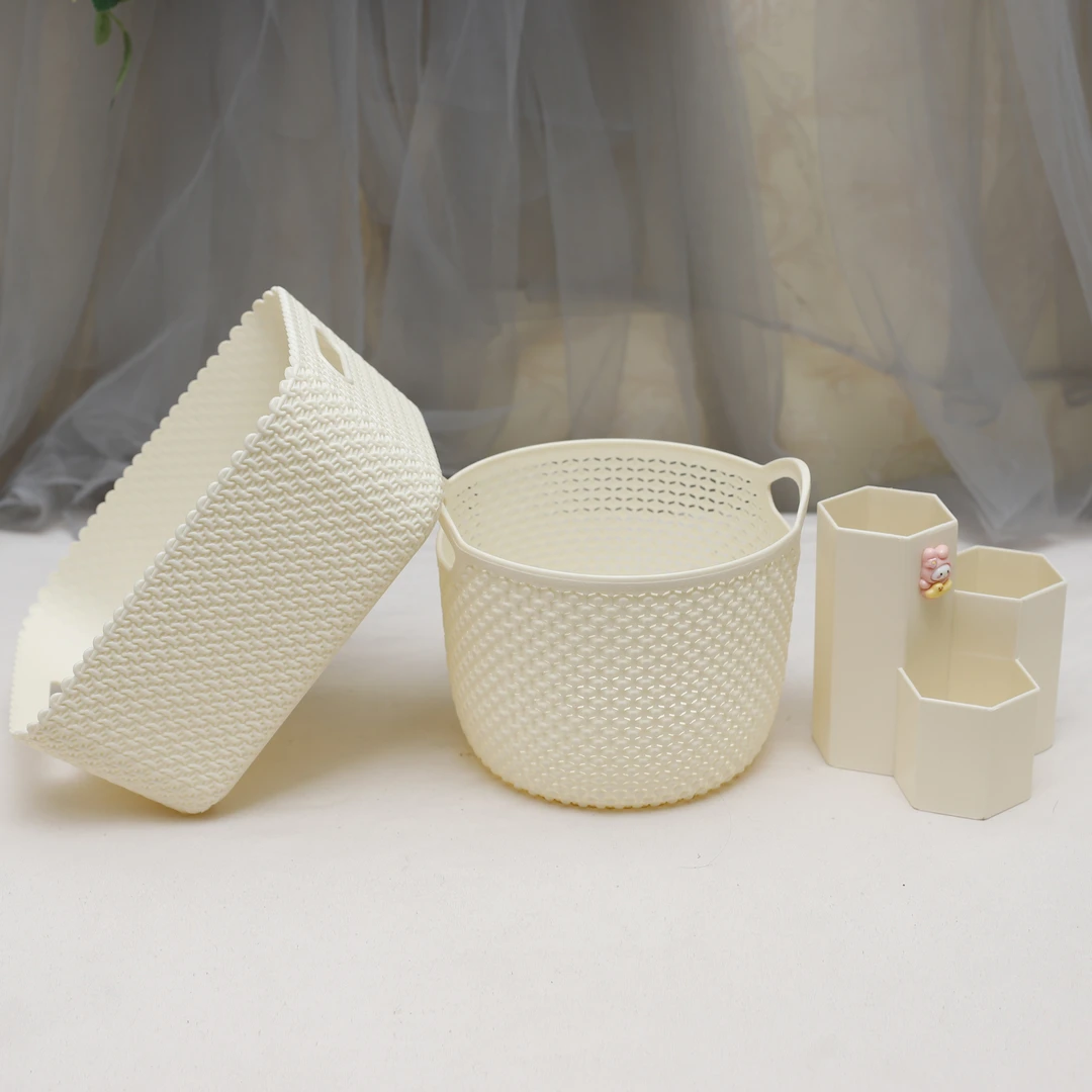 拍一发3个简约仿藤编韩版收纳篮桌面化妆品收纳盒零食杂物储物筐