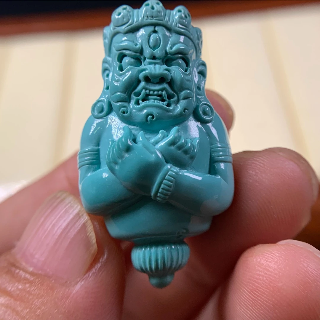 原矿高瓷精品绿松石大黑天金刚杵雕件锁骨贝云蓝色手工高端男士