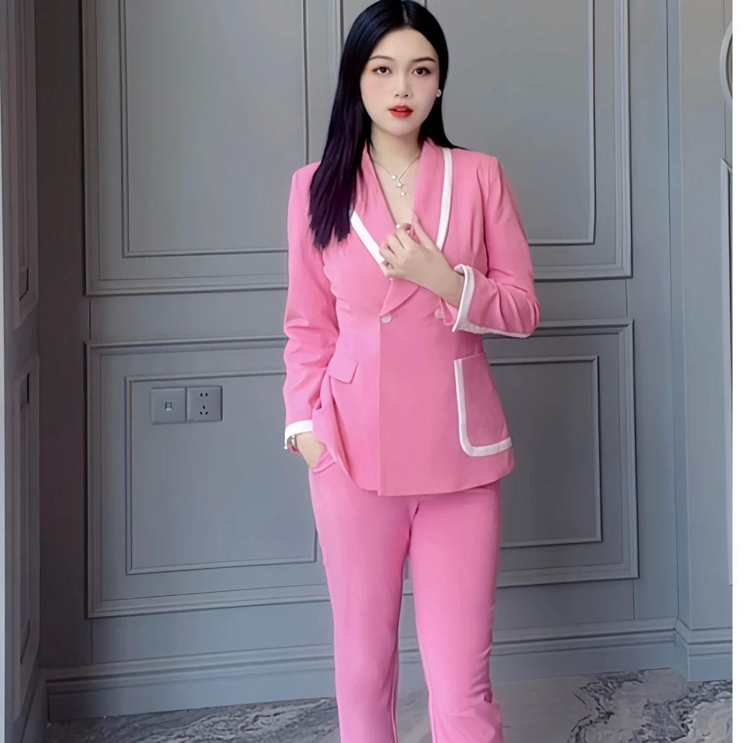 粉色拼白长袖九分裤套装显瘦气质洋气女神休闲