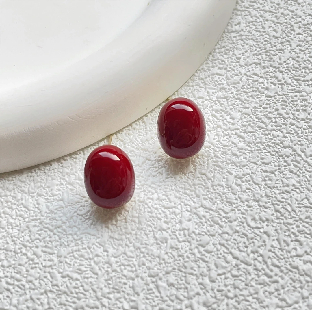 铜合金珐琅耳饰 【红豆】酒红色小巧耳钉 小众简约时尚气质港风经典