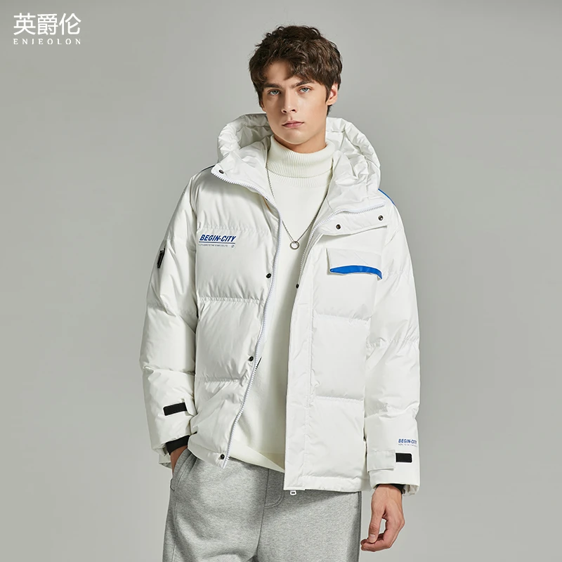 冬季保暖白鸭绒羽绒服 男生休闲撞色连帽外套学生宽松外套YR5631