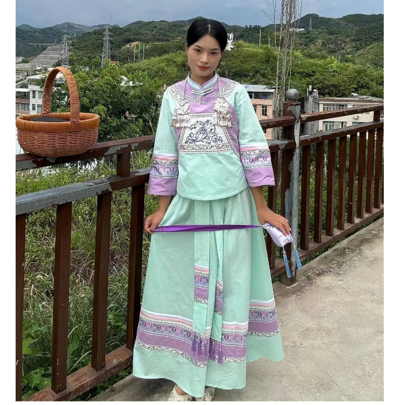 贵州 广西 布依族壮族民族套装少女修身显高长裙套装网红民族风