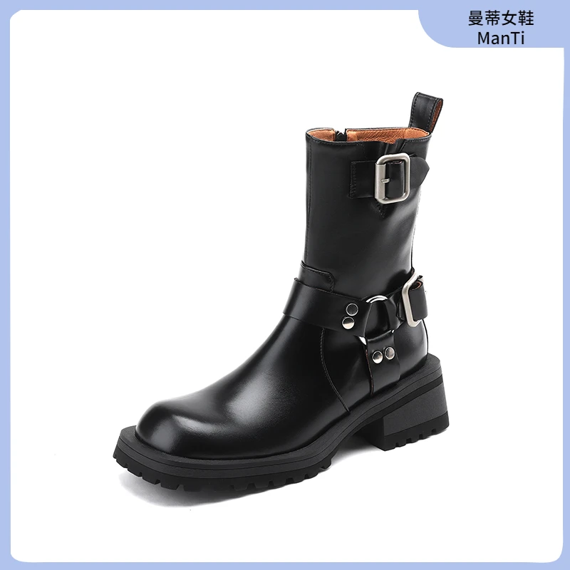 跟高5CM-牛皮擦色厚底马丁靴时尚女粗跟西部瘦瘦靴皮带扣高跟短靴