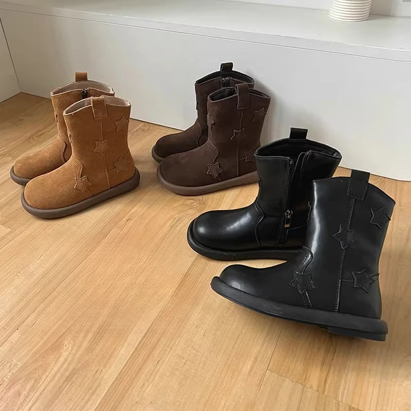 2024秋冬新款韩版复古加绒皮靴子星星中筒靴女童软面棉靴子大黄靴