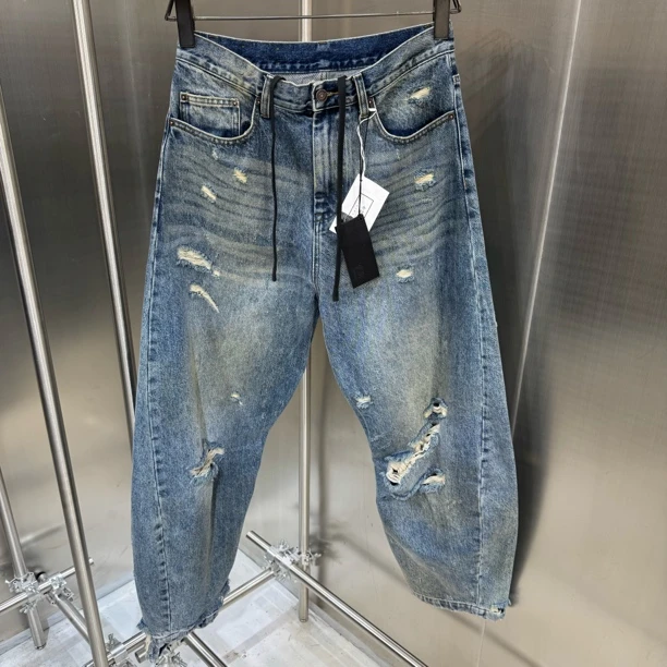 过万质感 高端货 定制面料 手工刮烂油污做旧宽松直筒牛仔裤男