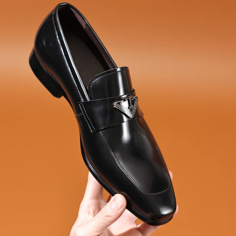 夏季新款一脚蹬懒人乐福鞋方头商务男士休闲皮鞋手工男鞋真皮潮鞋