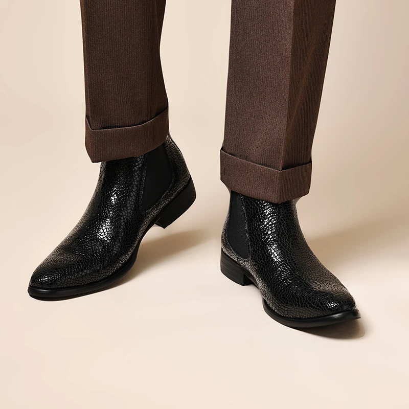 切尔西靴男士高帮皮靴英伦手工男短靴压花潮流马丁靴真皮男靴软底