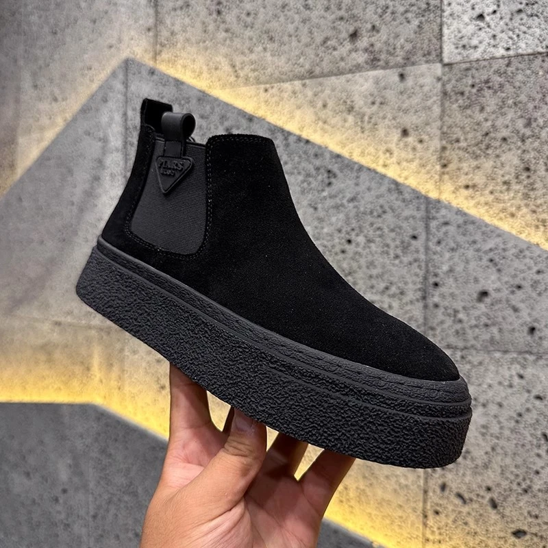 男鞋秋冬新款翻毛皮马丁靴真皮厚底加绒保暖高帮鞋休闲男士一脚蹬