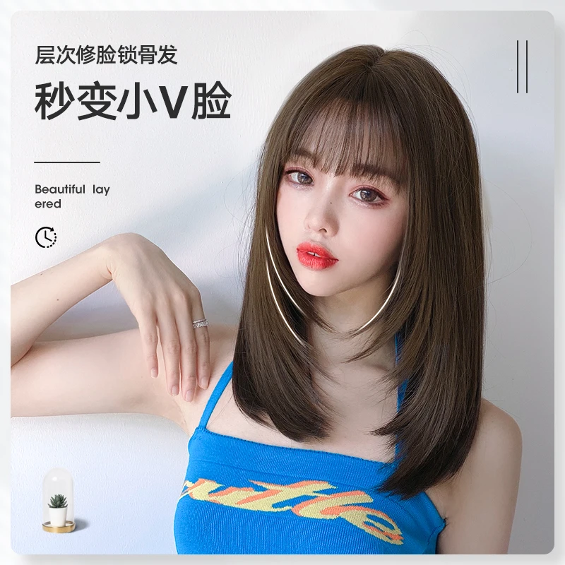 假发女长发层次网红锁骨发圆脸修脸发型中长发内扣长直发全头套式