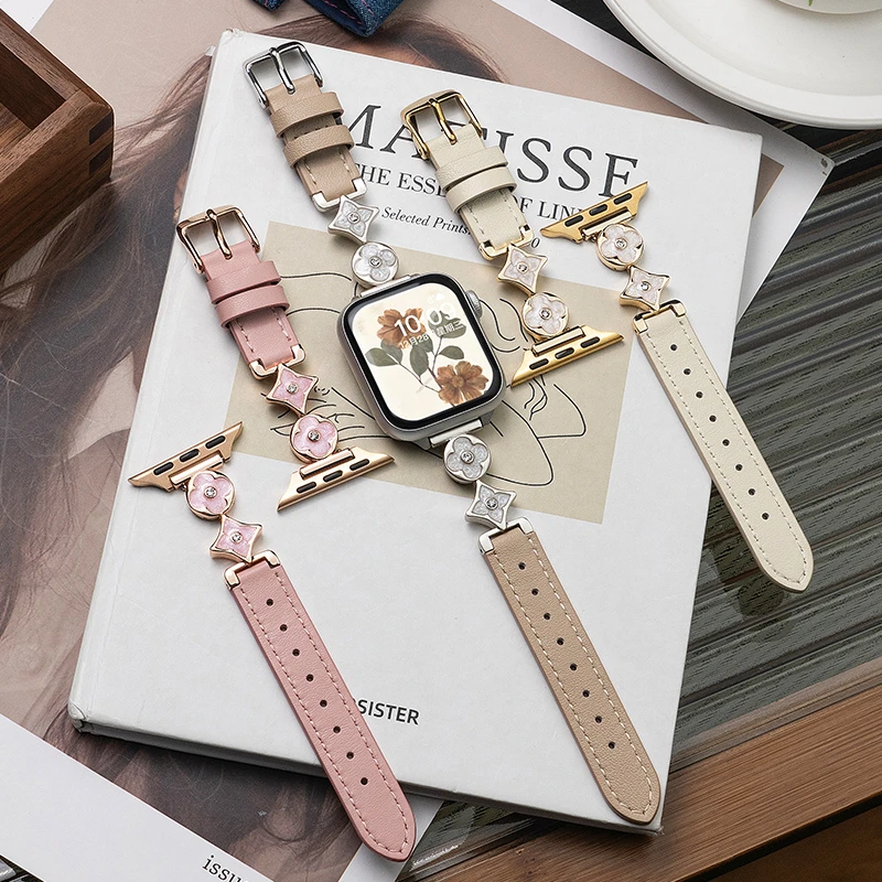 适用iwatch9表带苹果S10手表applewatch8四叶草创意表带7真皮高级