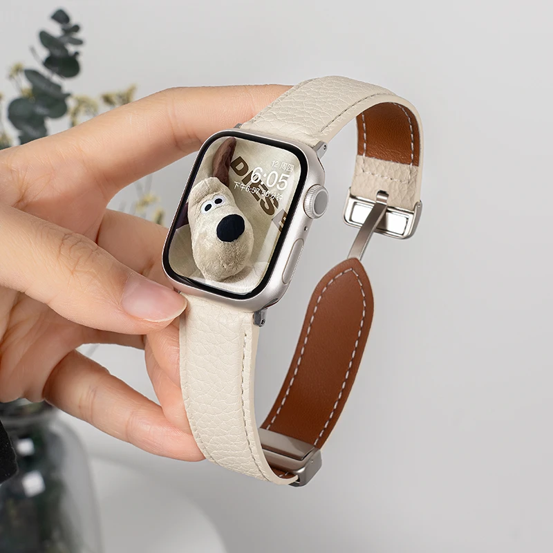 适用AppleWatchS10手表苹果s9表带iWatch8/7/se荔枝纹真皮表带女