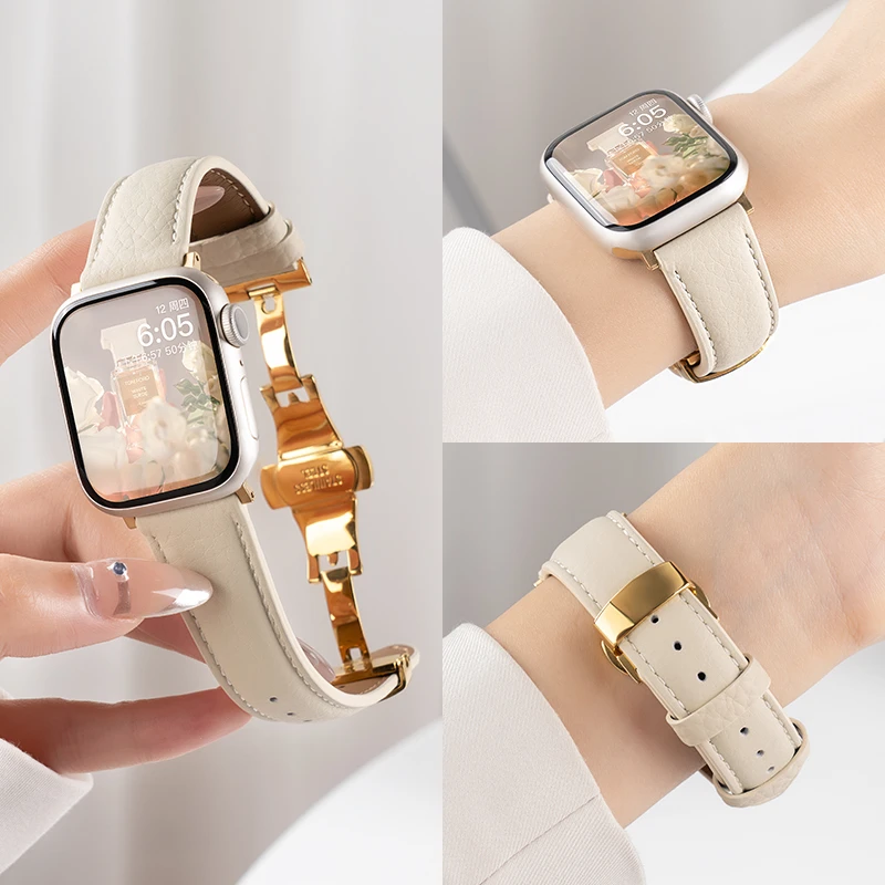适用苹果S10手表iwatch9/8/7表带applewatch高级创意荔枝纹皮表带