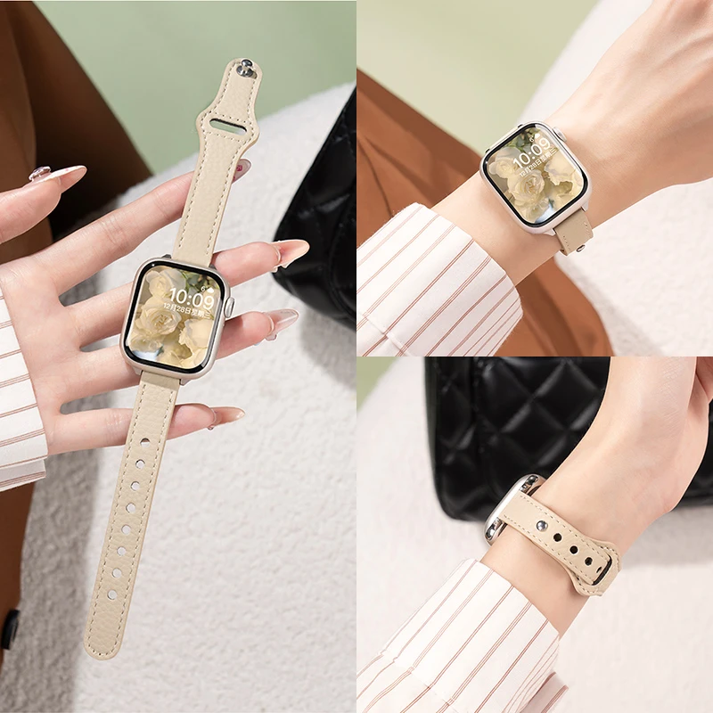 适用applewatch9手表苹果S10iwatch8真皮荔枝纹女款创意时尚表带