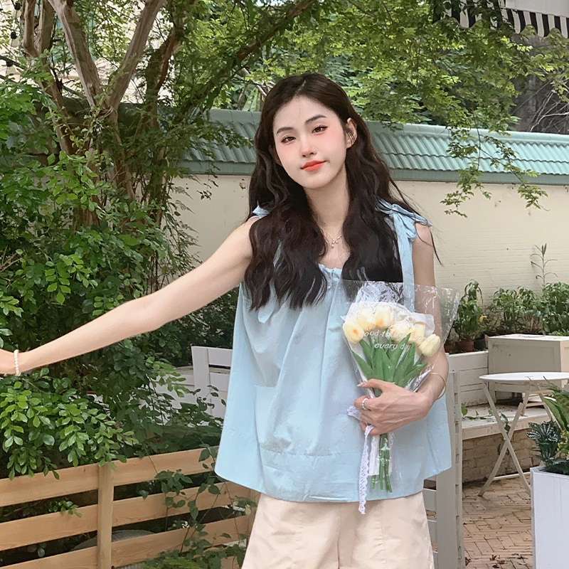 慕兔气质显瘦韩版设计感抽绳宽松衬衫女夏季休闲百搭无袖上衣