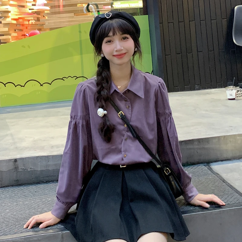 慕兔【浪漫情怀】港风复古气质弧形紫色衬衫秋季新款长袖衬衣上衣