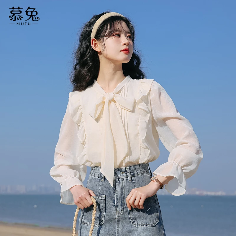 慕兔【精致浪漫】韩版气质长袖衬衫女早秋新款设计感时尚显瘦上衣