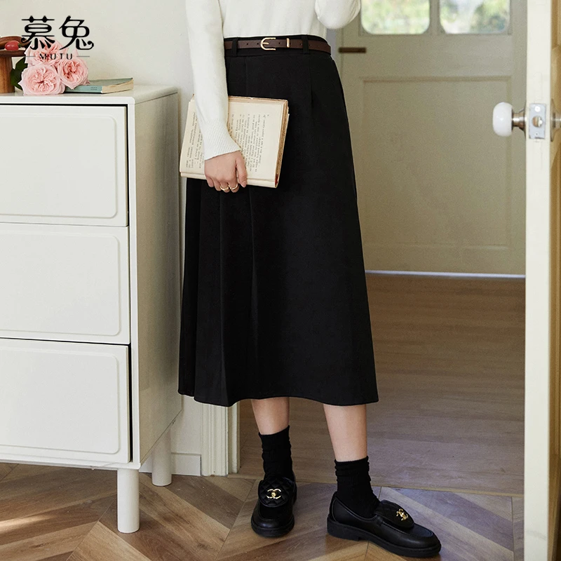 慕兔【冬日劳模】复古a字高腰百褶半身裙女秋冬显瘦设计感百搭裙子