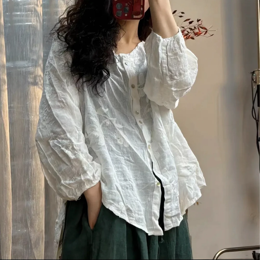 原创设计夏季复古文艺小众长袖苎麻衬衣手摇绣花百搭女士衬衫