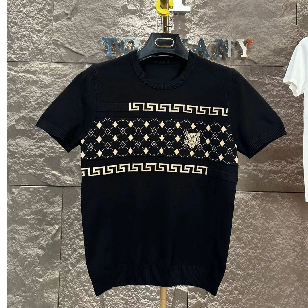 RM  春秋季针织毛衣短袖男士休闲百搭圆领刺绣工艺打底