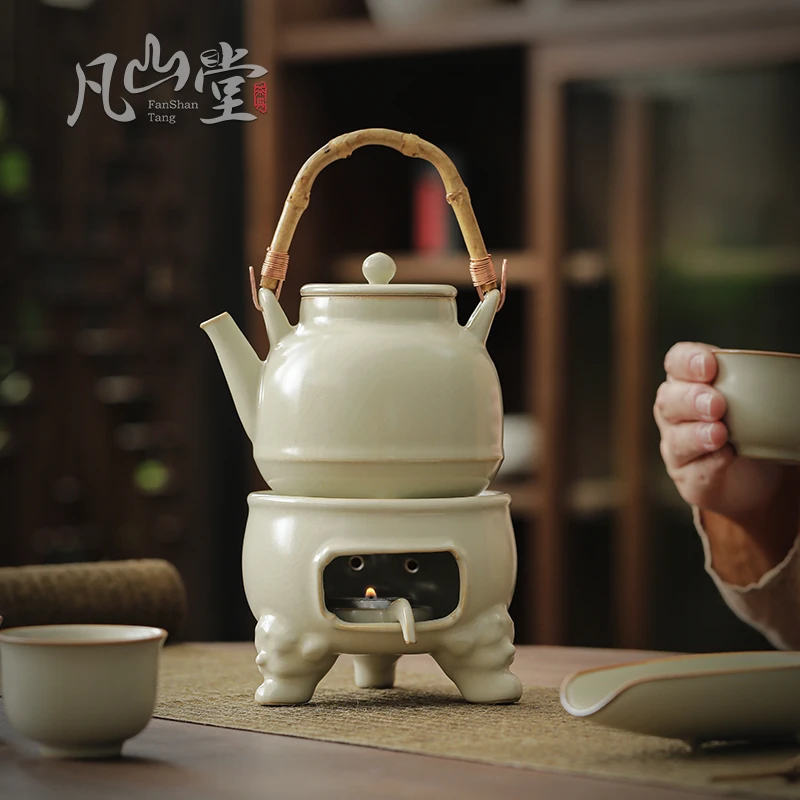 凡山堂 芷默黄汝温茶炉 汝窑高档提梁壶大号陶瓷煮茶套装开片可养