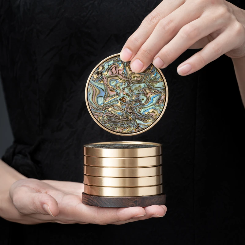 螺钿铜杯垫套装大漆茶垫单个创意高端茶杯托配件杯子隔热垫茶杯托