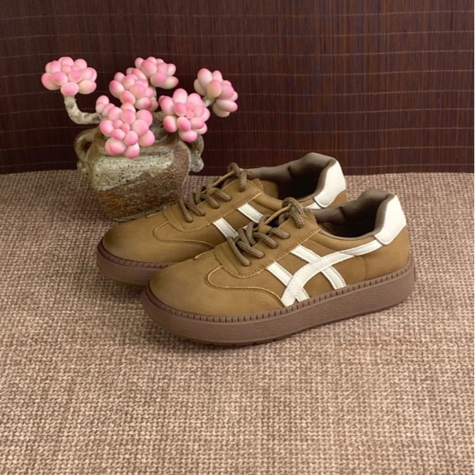 真皮系带单鞋女2024秋季新款复古板鞋百搭休闲时尚圆头平底女鞋