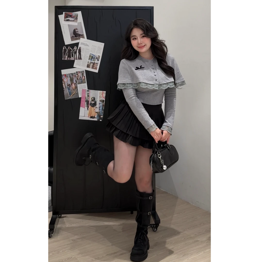 【大小姐】"西西里浆果"灰色显瘦蕾丝罩衫辣妹百搭百搭时尚长袖上衣