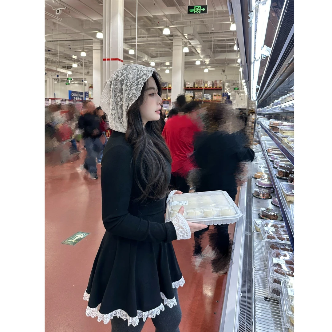 【大小姐】“修女夜”黑色裙子拼蕾丝气质显瘦复古法式赫本风小黑裙