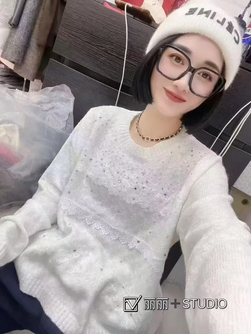 高级感重工烫钻钉珠针织衫女秋冬蝴蝶结毛衣