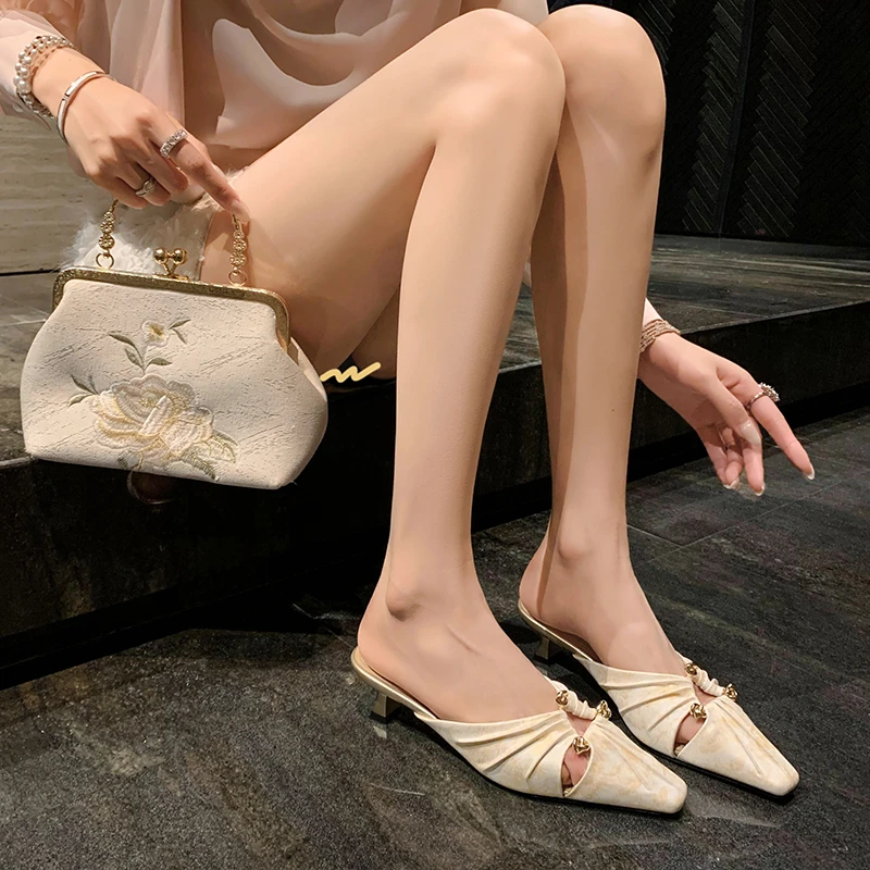 范戈希牛羊皮4CM气质时尚百搭夏季外穿法式方头仙女风买1赠3