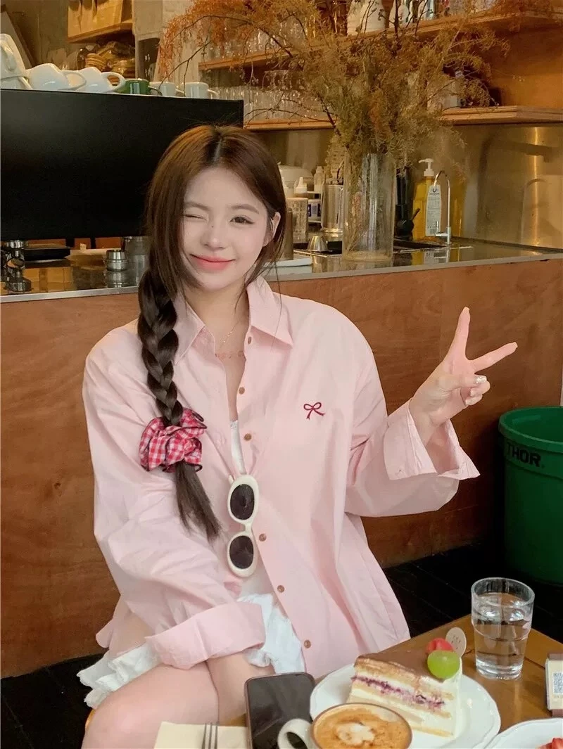 洗水棉春夏时尚百搭简约长袖爆款刺绣上衣开衫外穿衬衫ins