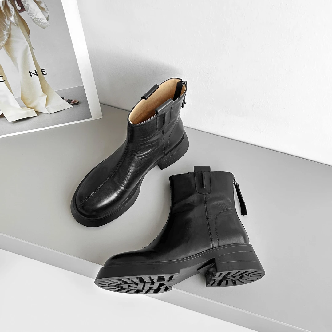 【少量现货】FX1501/5cm牛皮厚底短靴女秋冬百搭单靴粗跟马丁靴真皮