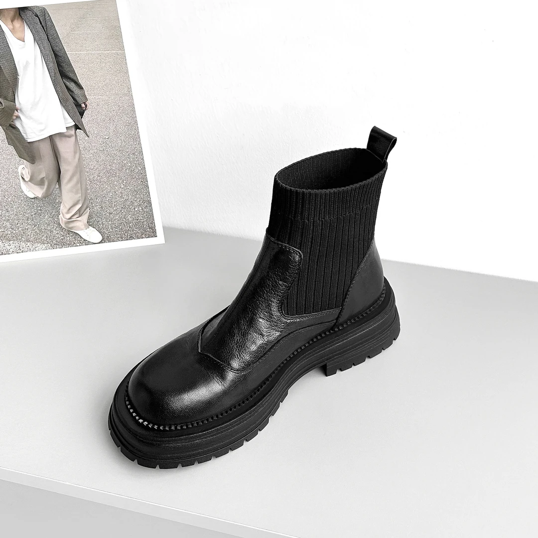 【现货】4cm/SY1586牛皮增高厚底短靴女秋冬加绒弹力袜靴显瘦黑色松