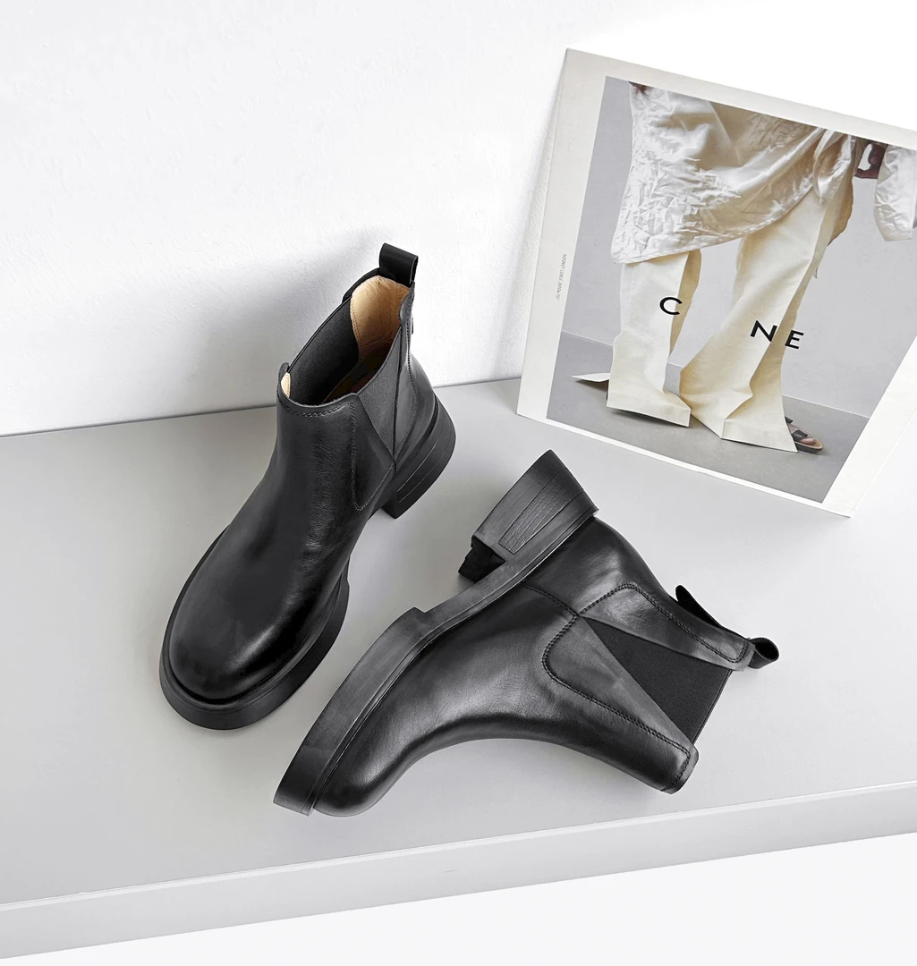 【现货】FX1500/5cm牛皮短靴女秋冬百搭圆头粗跟短筒女靴厚底真皮