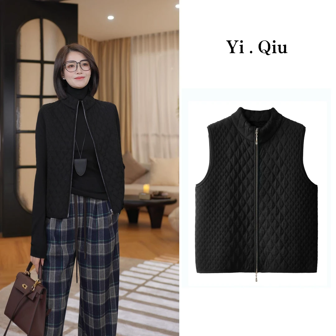 Yi.Q/【春来】100%精纺羊毛菱格针织肌理感立领马甲