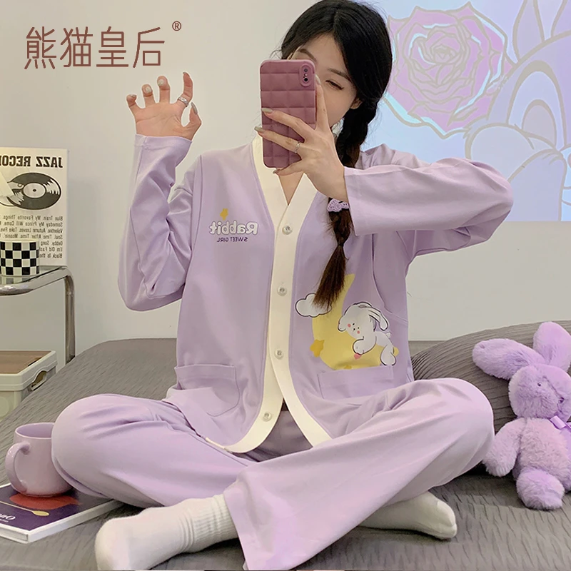 熊猫皇后月子服春秋纯产后棉产妇可外穿哺乳孕妇睡衣夏季套装薄款