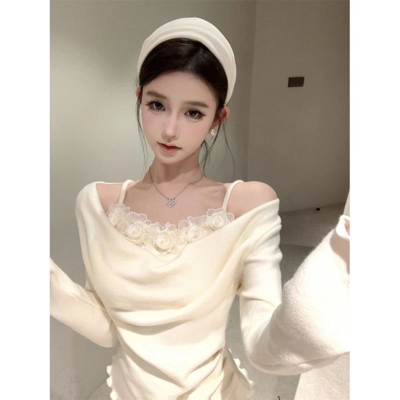 拼接假两件花朵吊带长袖针织衫女秋冬修身褶皱设计感短款绝美上衣