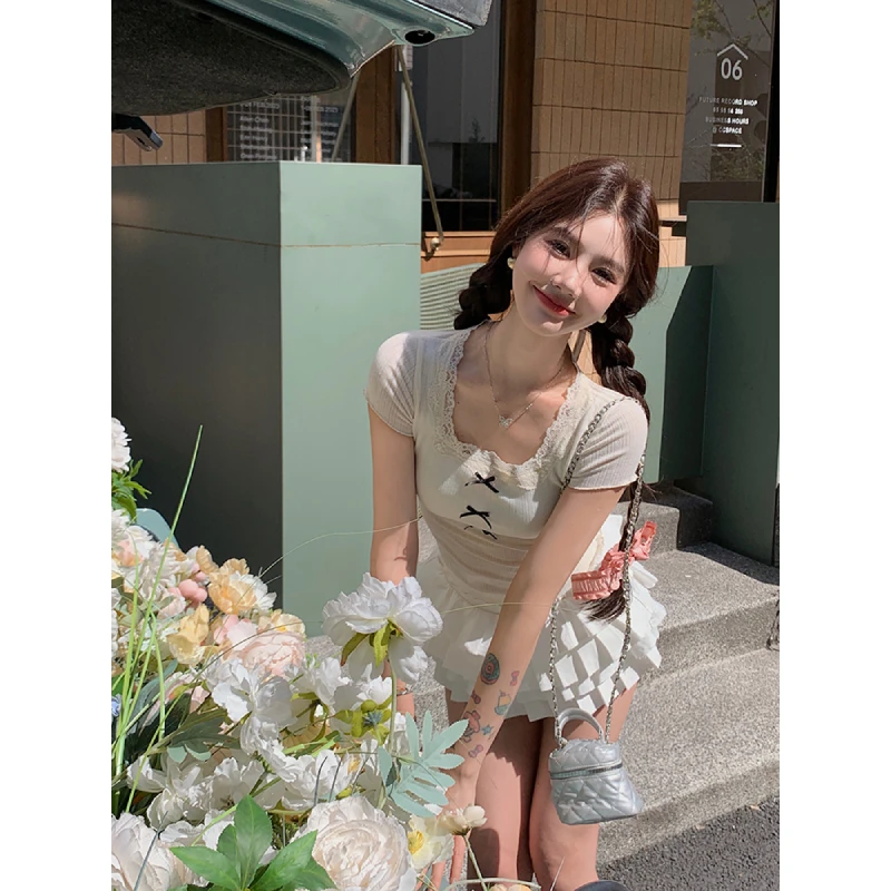 【优质现货】COMINO/24SS韩系修身花边蝴蝶结打底小飞袖短袖上衣T恤