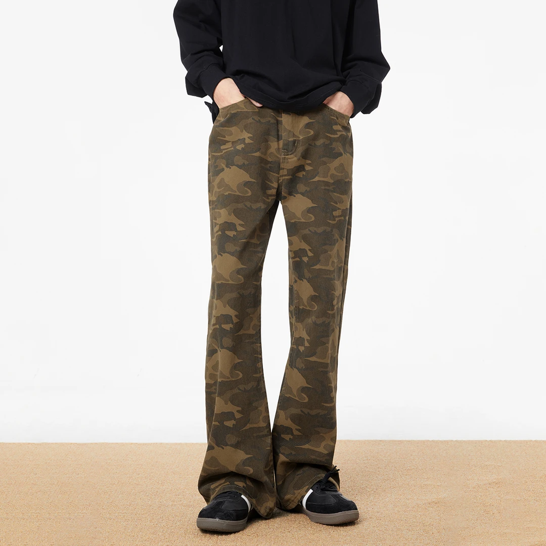 URSGGON 美拉德复古水洗做旧宽松微喇叭牛仔裤 男女同款 迷彩