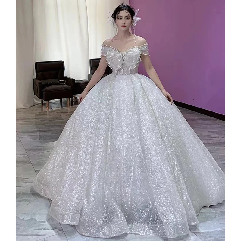 婚纱礼服主纱新娘2025新款小个子重工一字肩爆闪大码高腰简约结婚